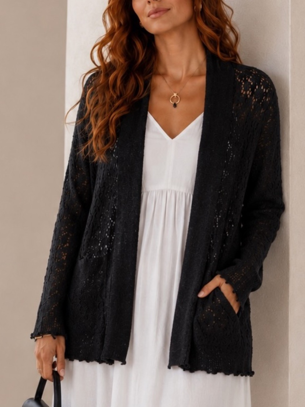 Belldini Crochet Cardigan Womens Size Large Black Knit Open Old money Witchy